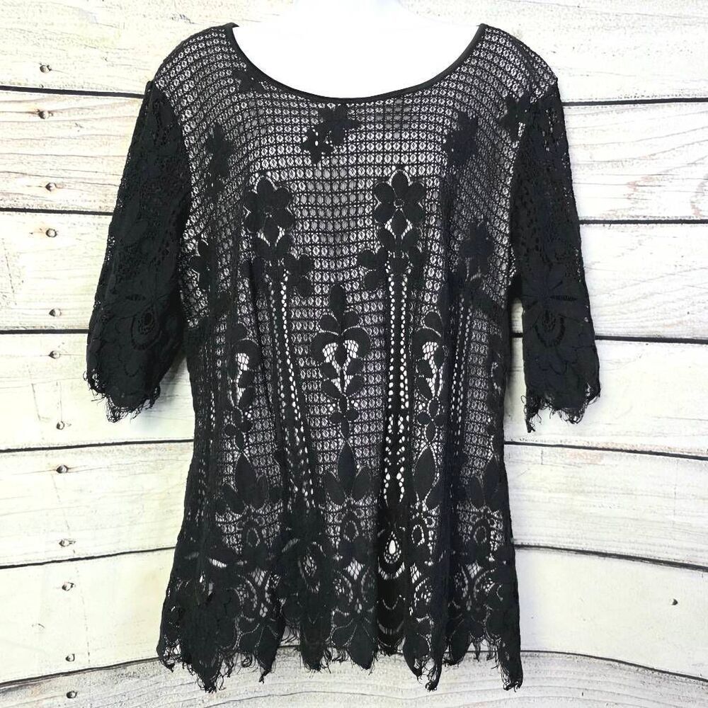 Chicwe Black Floral Lace Overlay Top 1X